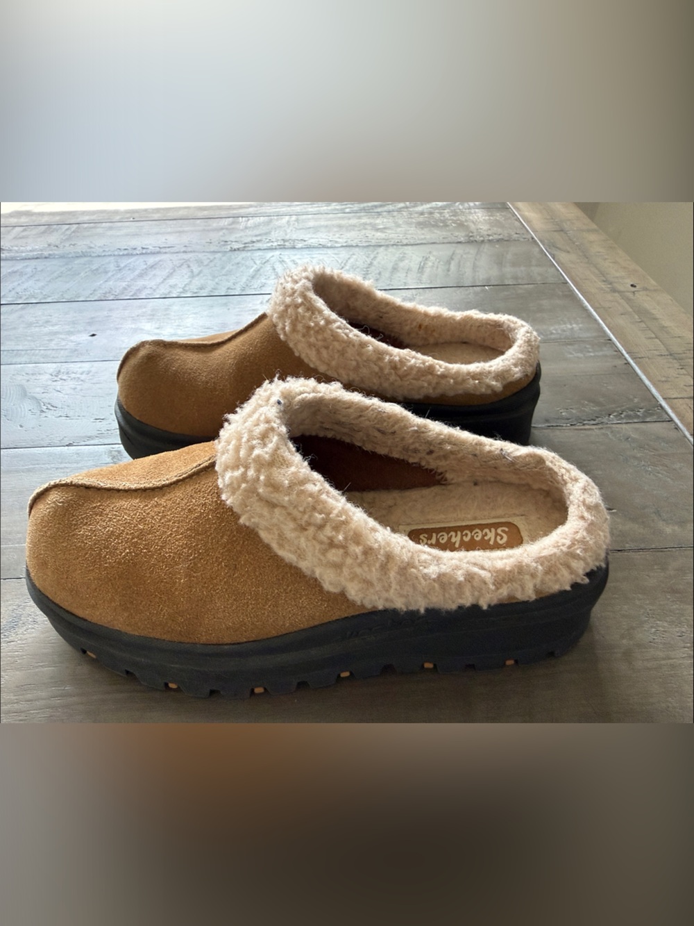 Skechers Tan Suede Slip-On Clog with Cream Faux Fur Trim
